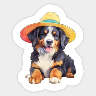 Watercolor Bernese Mountain Dog in Straw Hat Sticker